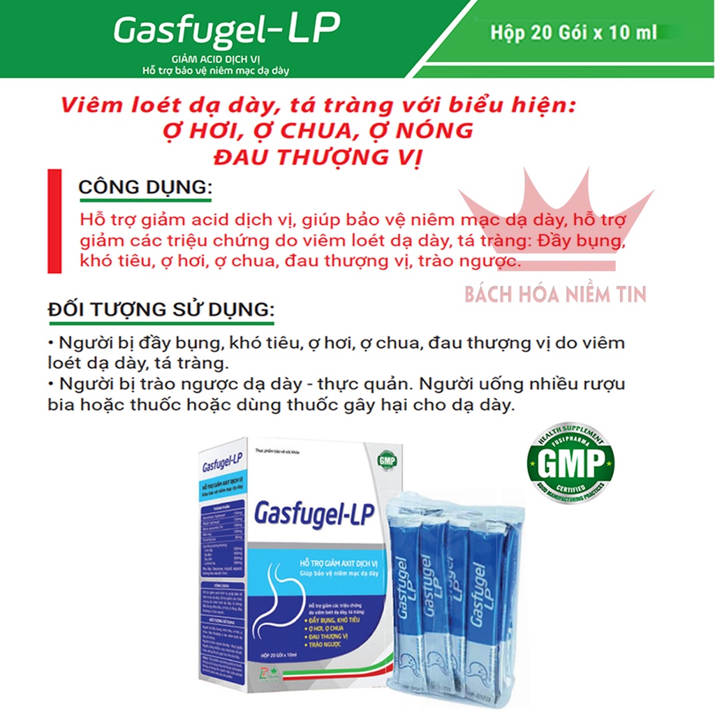 Gel giảm đau dạ dày Gasfugel LP - Nano curcumin Giúp giảm ợ hơi, đầy bụng, trào ngược thực quản hiệu quả - Hộp 20 gói