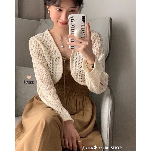 Set cardigan lưới + váy 2 dây