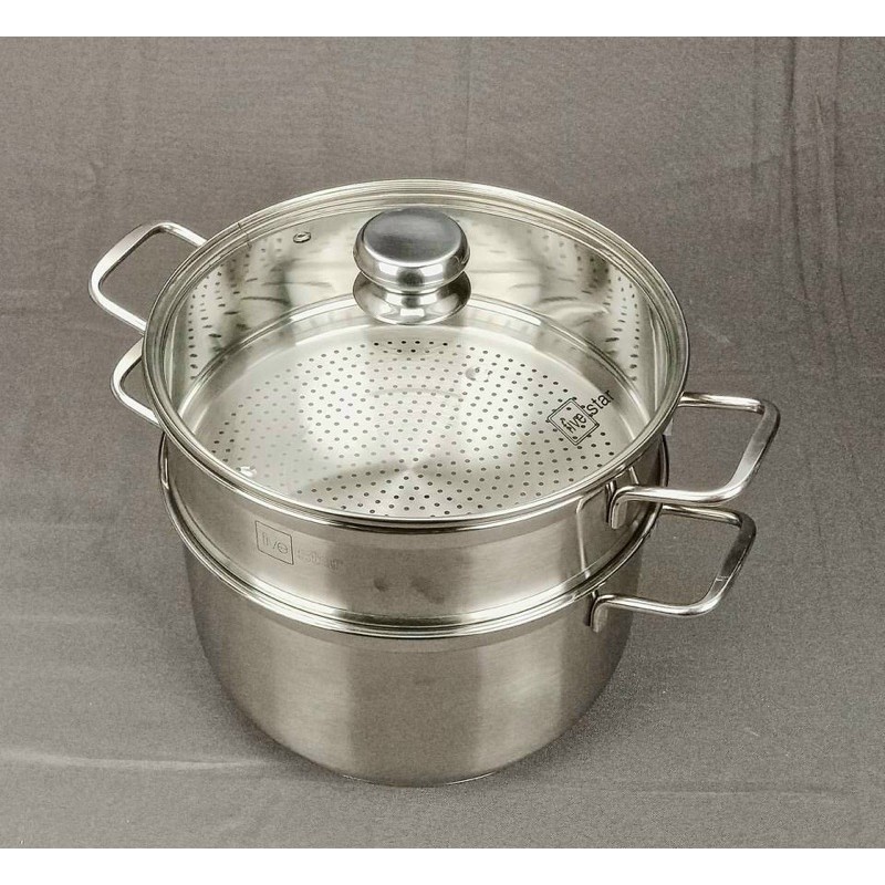 Bộ nồi xửng hấp cao cấp Inox 3 đáy Fivestar 24,26,28cm nắp kính dùng bếp từ