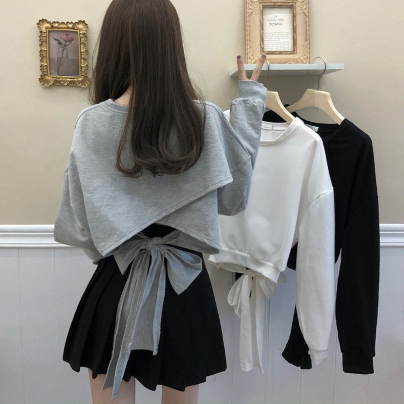 Áo thun RENJIANVSHENG 168541 tay dài cổ tròn dáng rộng cột nơ xinh xắn trẻ trung phong cách Hàn Quốc