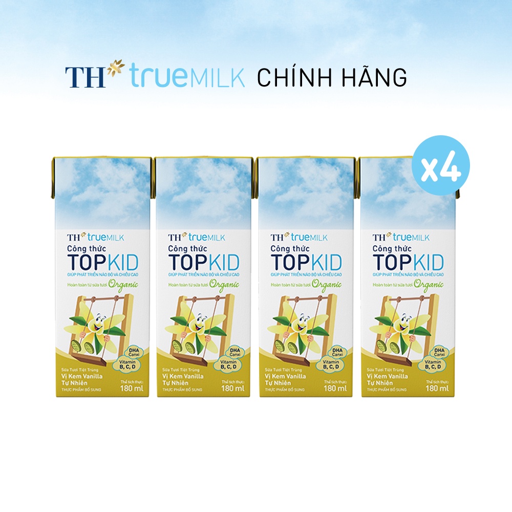 4 Lốc sữa tươi tiệt trùng TOPKID kem vanilla tự nhiên TH True Milk 180ml (180ml x 4 hộp)