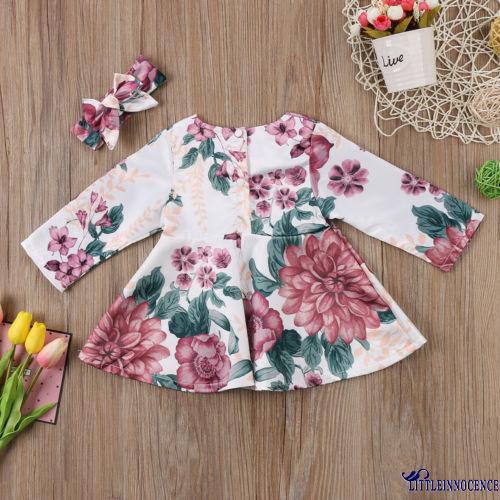 ❤XZQ-Newborn Baby Girls Long Sleeve Floral Dress Headband 2PCS Outfits Kids Clothes