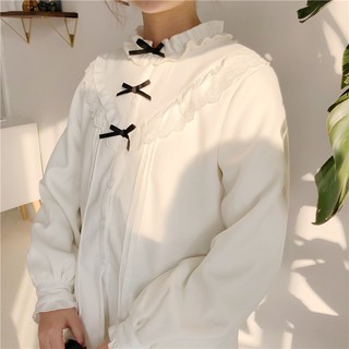 sơ mi ulzzang áo sơ mi nữ trắng nơ bánh bèo dài tay bồng