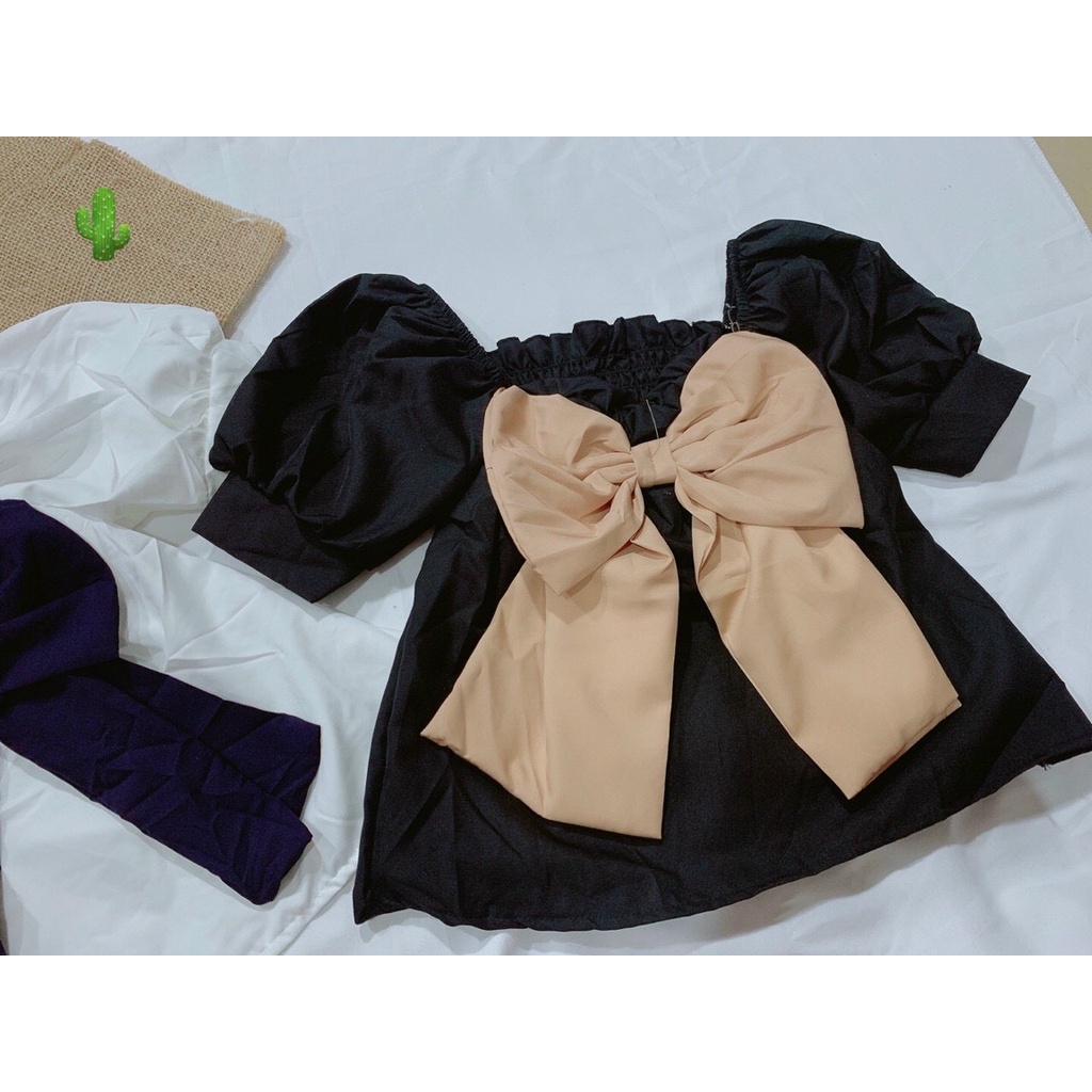 Áo kiểu nữ tay phồng cổ vuông đính nơ siêu to khác màu PC kiểu bánh bèo siêu xinh xắn