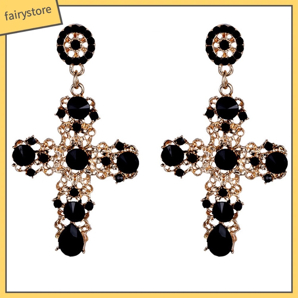 Bông Tai Hình Thánh Giá Đính Đá Phong Cách Cổ Điển