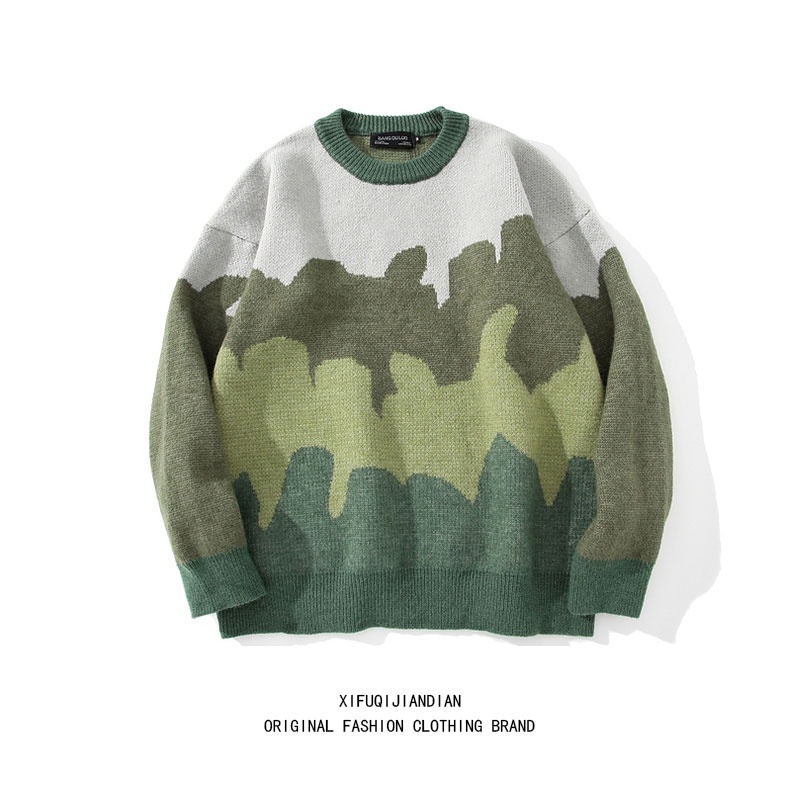 Áo sweater cổ tròn dáng rộng màu sắc tương phản phong cách Harajuku Nhật Bản dành cho nam