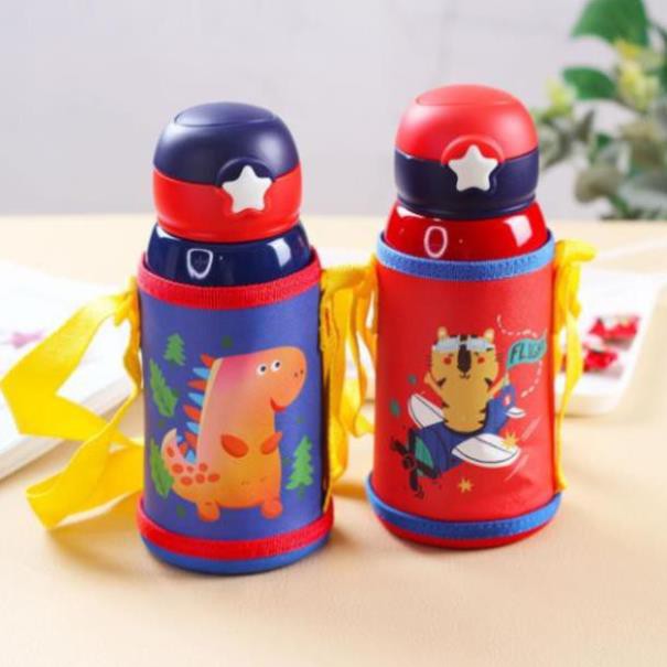 Bình Nước 600ml Cho Bé Đi Học -  2 Nắp - Giữ Nhiệt 12 Giờ, Kèm Ống Hút Và Túi Vải Giữ Nhiệt