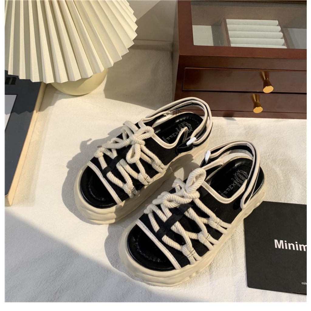 Giày Sandal Quai Dán Đế Dày Bằng Vải Bạt Thời Trang Nữ
