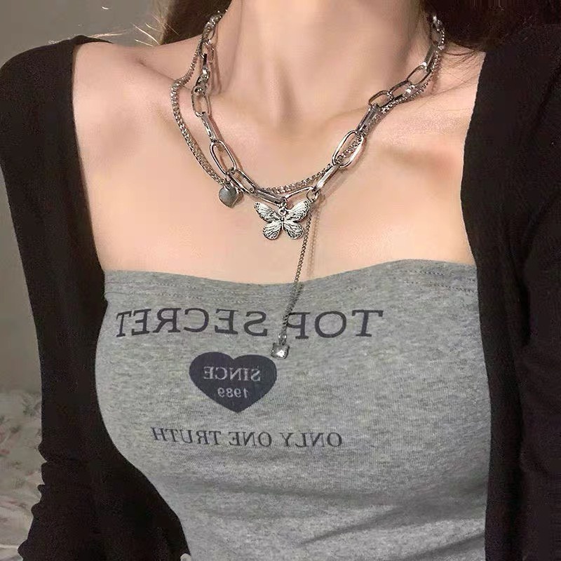 Dây chuyền choker 2 tầng chi tiết Butterfly màu bạc swag dành cho nữ