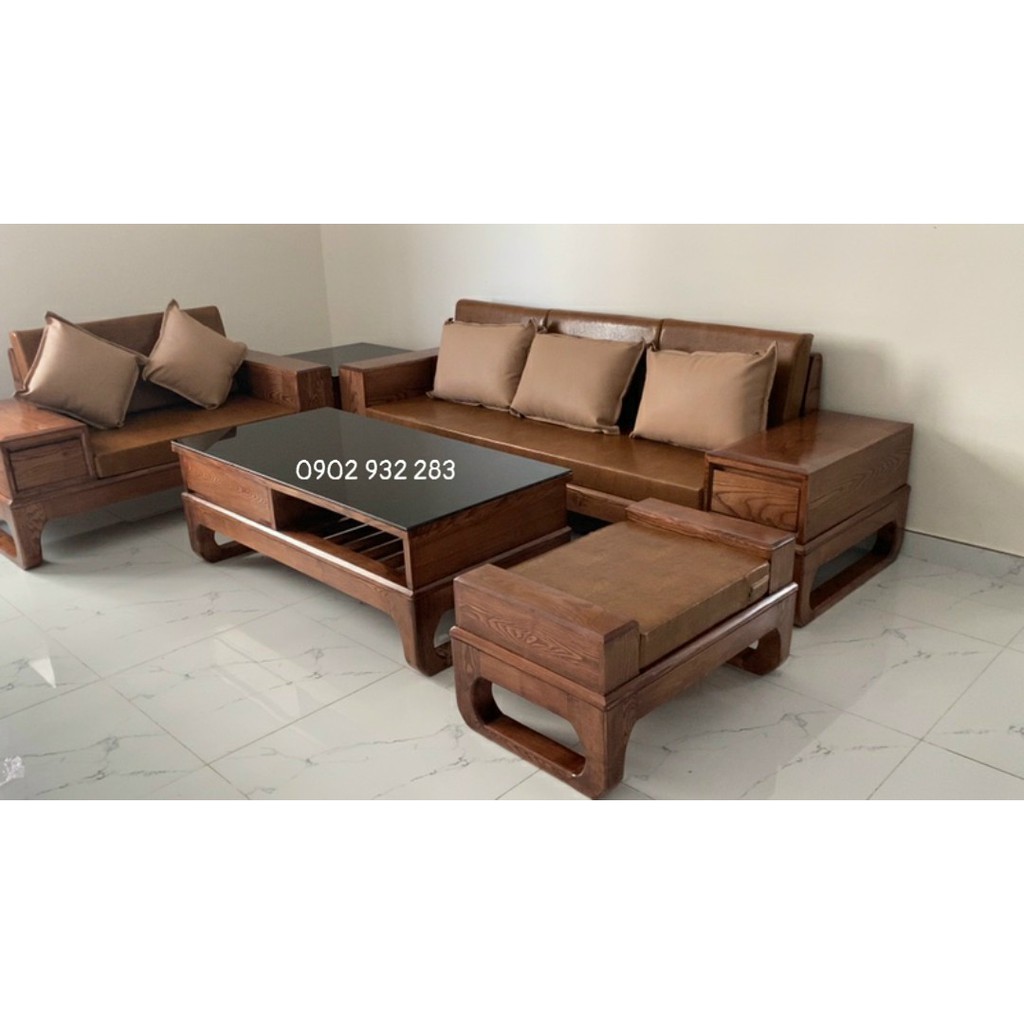 Bộ bàn ghế phòng khách Sofa góc gỗ sồi mầu óc chó mẫu hiện - Xưởng Gỗ Mạnh Hùng