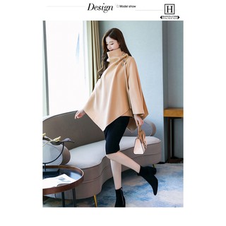 Áo choàng dạ nữ cao cổ mix tay cánh dơi