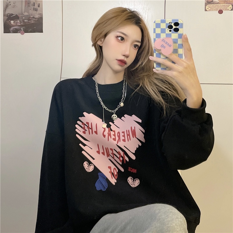 Áo sweatshirt PEWARNA IKAT dài tay họa tiết trái tim hoạt hình dáng rộng phong cách Nhật Hàn thời trang thu đông cho nữ