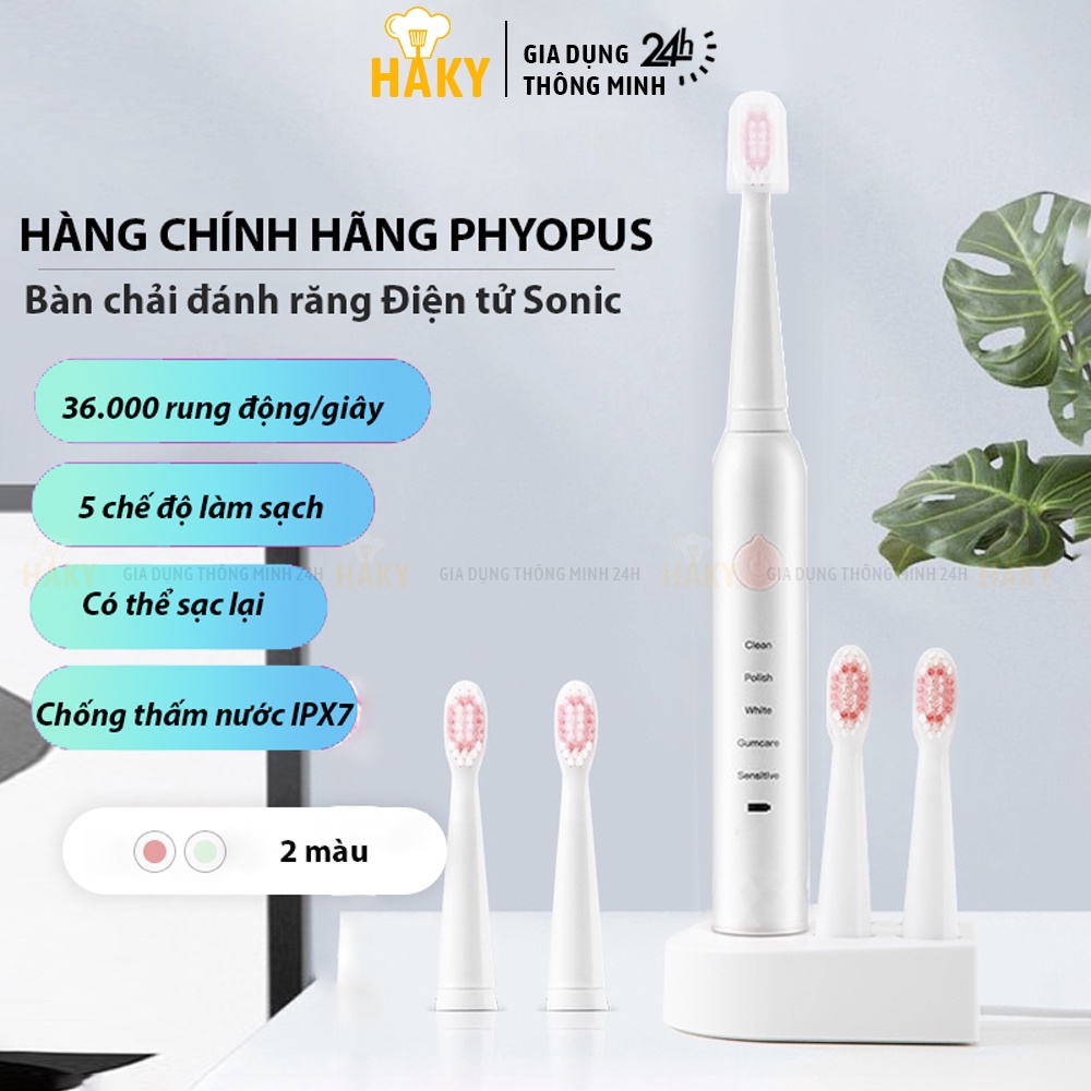 Bàn chải đánh răng điện HAKY024 tự động đánh răng 5 chế độ rung, làm sạch sâu, chống nước IPX7, sạc USB