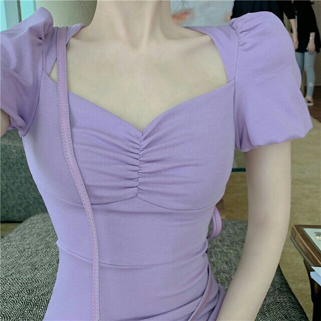 (Ảnh thật)(sẵn) Váy đầm thun ôm body màu tím pastel cổ vuông nhíu ngực xẻ tà đùi sexyF