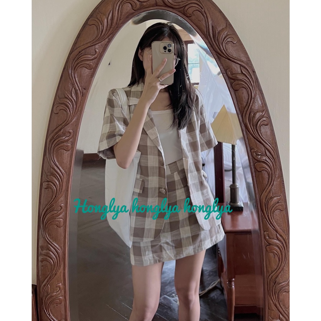 hàng sẵn - Set blazer mix chân váy kẻ caro to