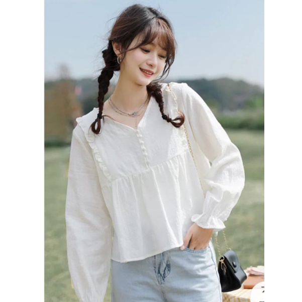 Áo babydoll cổ v cúc bọc phong cách hàn quốc