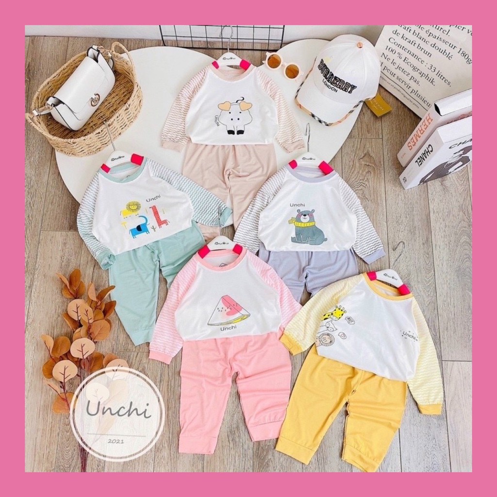 Sale! Bộ quần áo trẻ em Dài Tay unchi Chui Đầu tay kẻ sọc in bụng chất cotton peptit cho bé trai, bé gái (DT17)