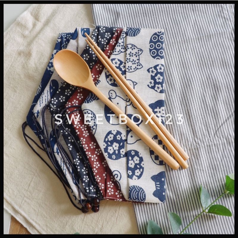 Bộ Muỗng Đũa Gỗ Văn Phòng - Set Thìa Đũa Gỗ Cá Nhân - Túi Vải Đựng Muỗng