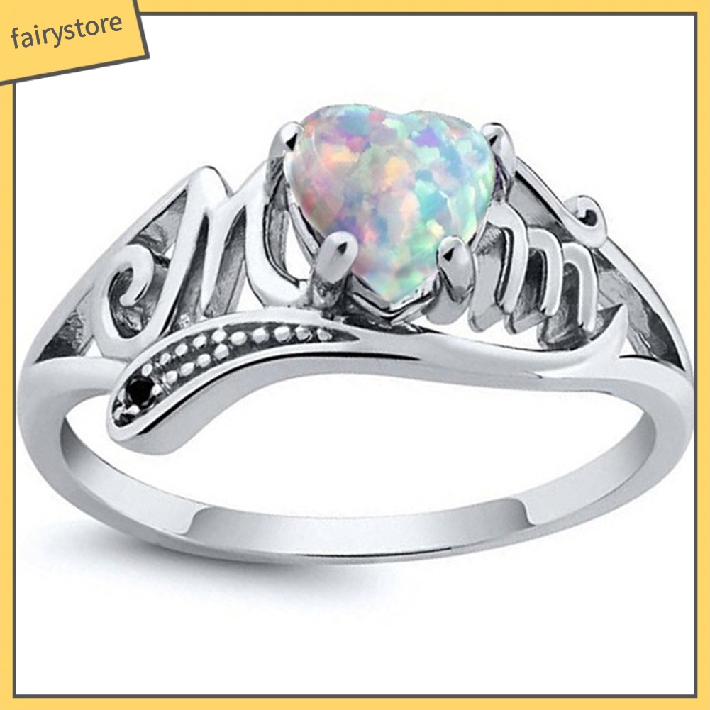 Nhẫn Hợp Kim Đính Đá Opal Giả Hình Trái Tim Khắc Chữ