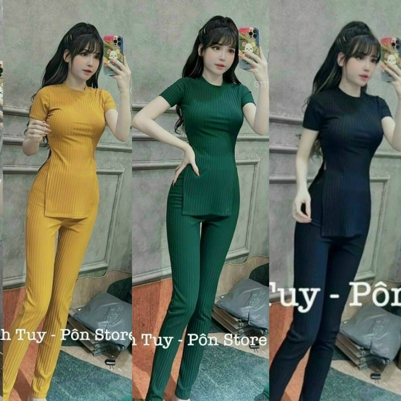 set đồ bộ thun gân, áo thun cổ tron xẻ tà khoe eo mix quần dài ôm