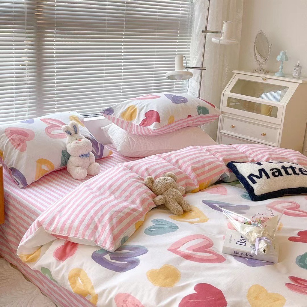 Bộ chăn ga gối Cotton poly Decor Bedding Tim mộng mơ, vỏ chăn mền, drap nệm và 2 vỏ gối