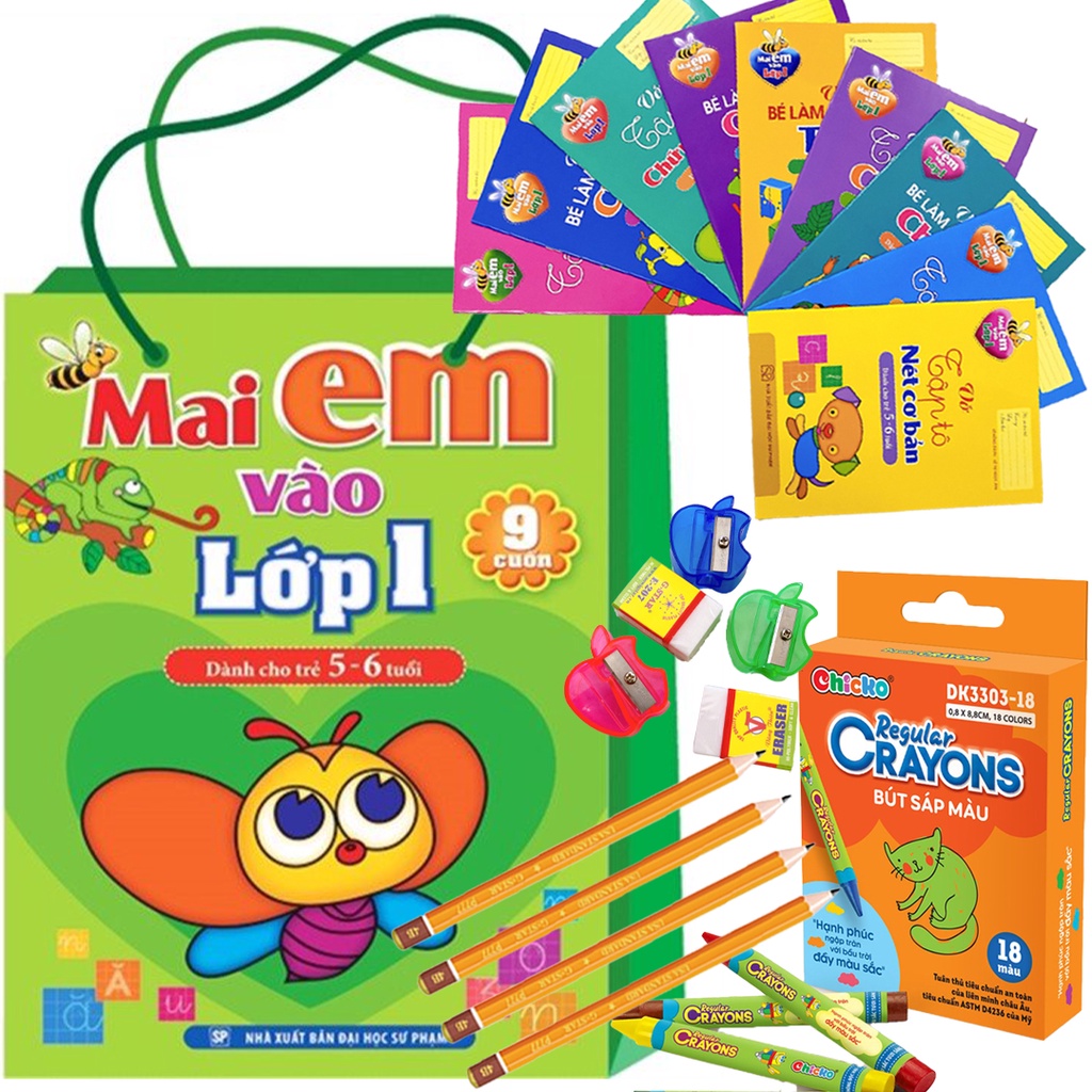 Sách  - Mai Em Vào Lớp 1 Dành Cho Trẻ 5 -6 Tuổi +Bút Sáp Màu 12 Màu( Tặng 1 Bút Chì,1 Chuốt,1 Gôm)