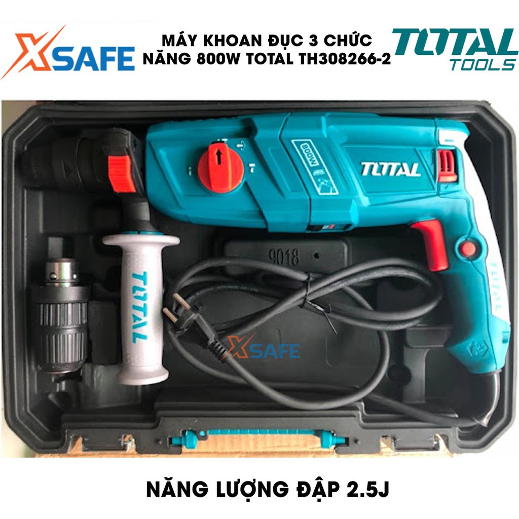 Máy khoan đục 3 chức năng 800W TOTAL TH308268-2 Kèm 3 mũi khoan gài 2 mũi khoan đục Máy khoan đục cầm tay chính hãng