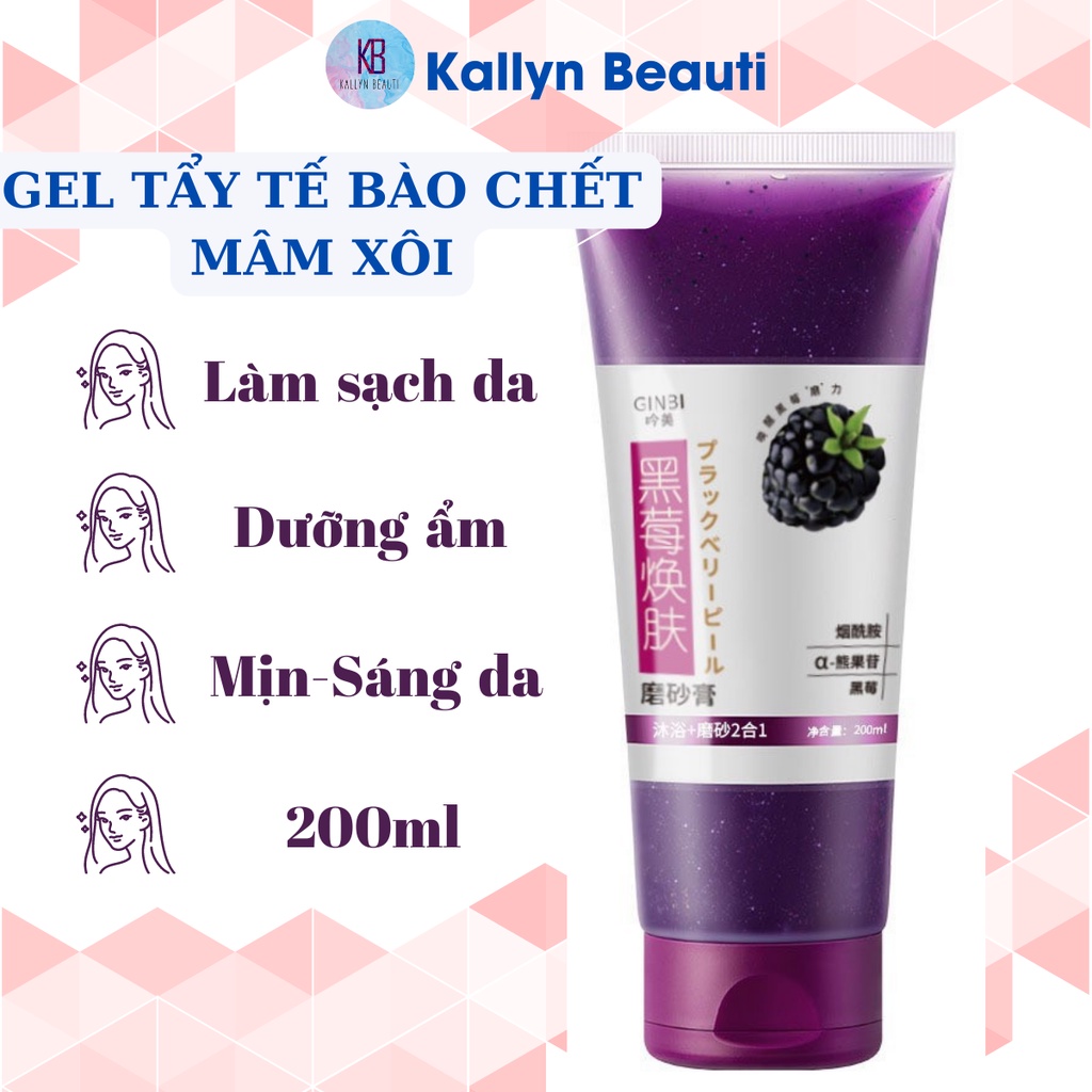 Gel tẩy tế bào chết toàn thân mâm xôi đen GinBi body dưỡng trắng da Kallyn Beauti