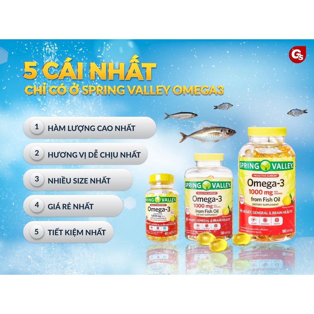 Dầu cá Omega 3 Spring Valley Fish Oil 1000mg nhập khẩu Mỹ phân phối chính hãng GymStore, hỗ trợ đẹp da, tốt cho trí não