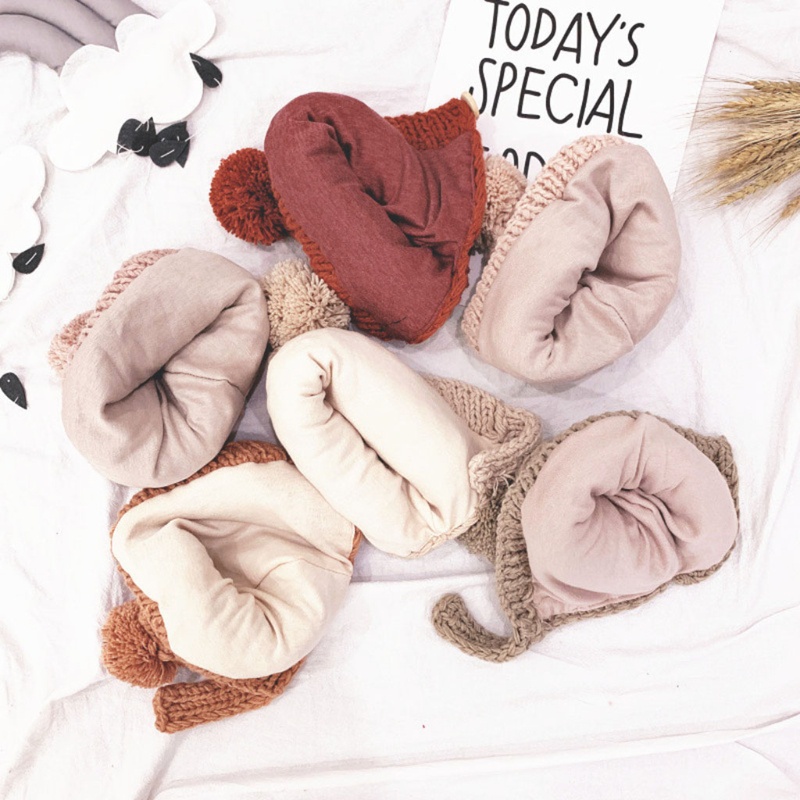 Mũ Beanie Dệt Kim Màu Trơn Đính Bóng Lông Giữ Ấm Tai Thời Trang Mùa Đông Cho Bé Trai Và Gái
