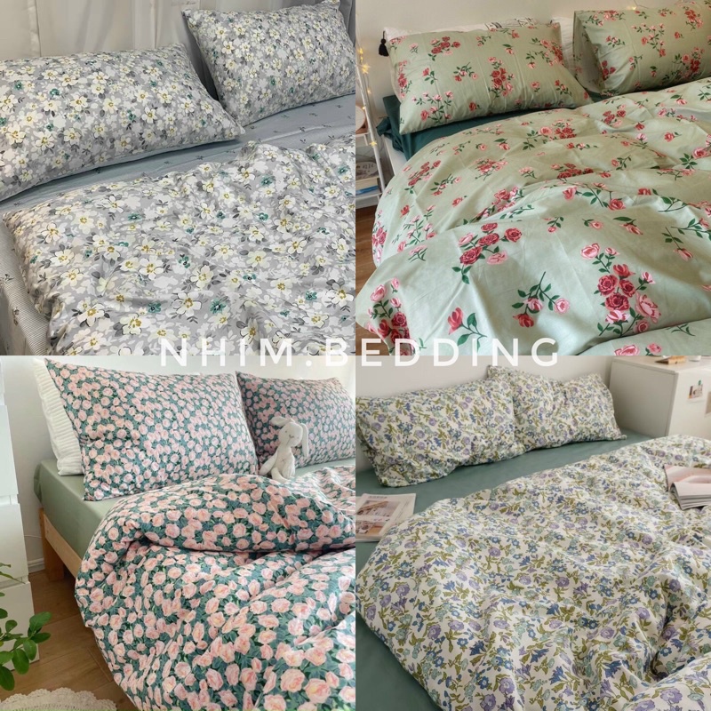 Bộ chăn ga cotton organic hoạ tiết hoa nhí vintage tone màu xanh 🍀