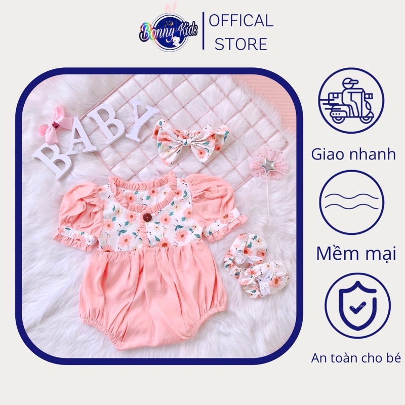 Bodysuit Hoa Hồng Phấn Cho Bé Gái Sơ Sinh 0-12 Tháng Kèm Băng Đô, Váy Sơ Sinh, Bodychip Đầy Tháng, Bodysuit Sơ Sinh