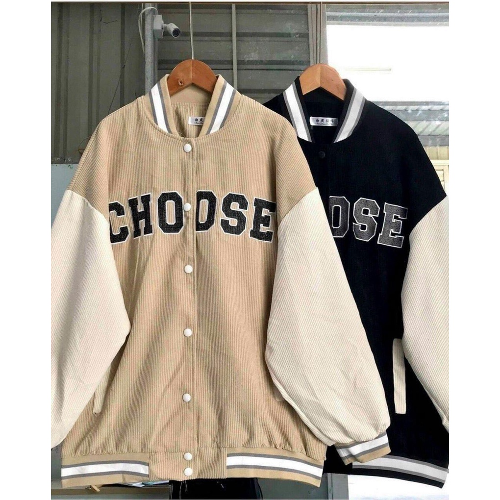 Áo Khoác Bomber Jackets Nhung Gân 2 Lớp Thêu CHOOSE Varity Form Rộng Unisex Nam Nữ Ulzzang