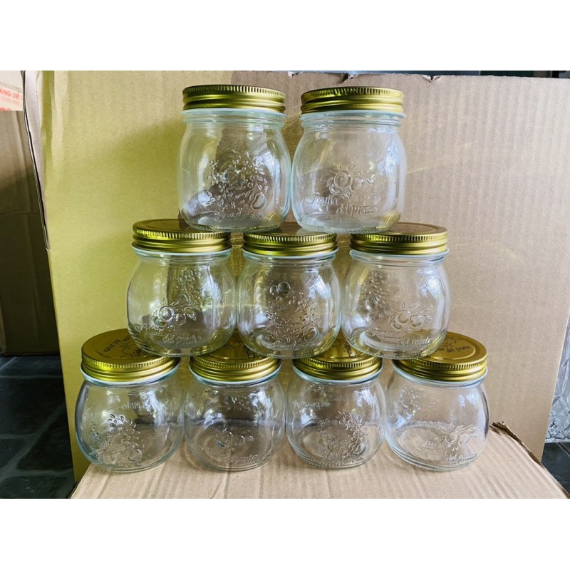 [RẺ VÔ ĐỊCH]🤩 HỦ THUỶ TINH IN HOA NỔI 2 MẶT/ NẮP NHÔM VÀNG IN HOA 300ml