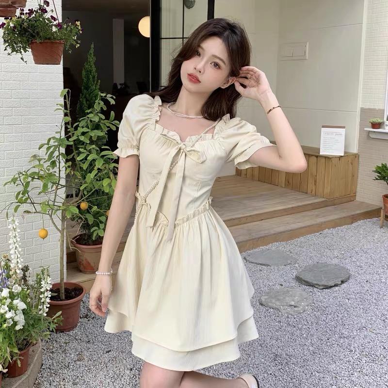 MS892 Váy đầm xòe thắt nơ 2 tầng tay bồng