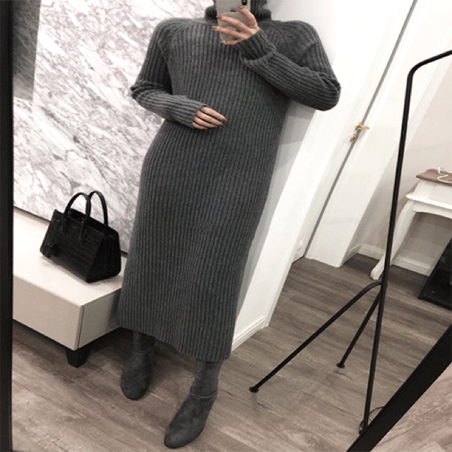 Váy len dáng dài cổ cao—kèm ảnh thật Mã 391