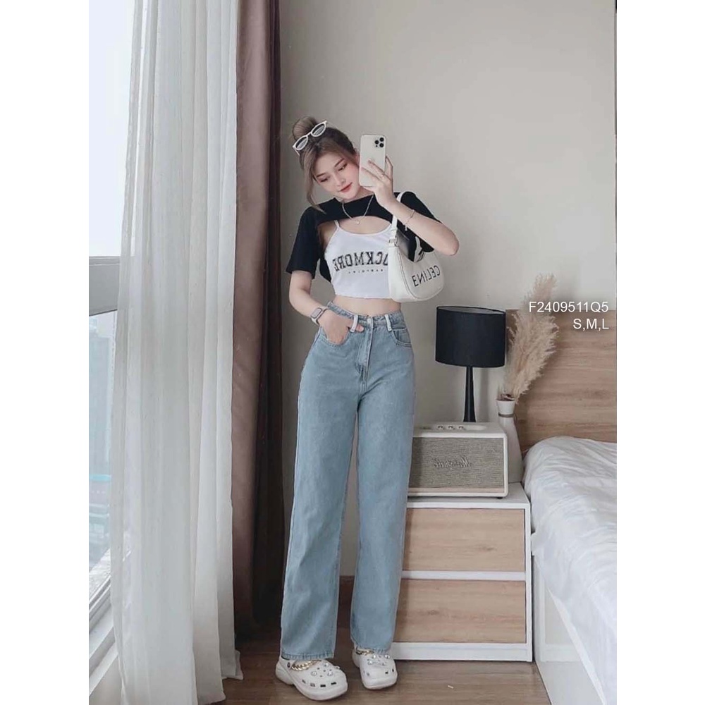 Quần jean dài ống suông lưng cao gắn mác chữ hàng đẹp!
