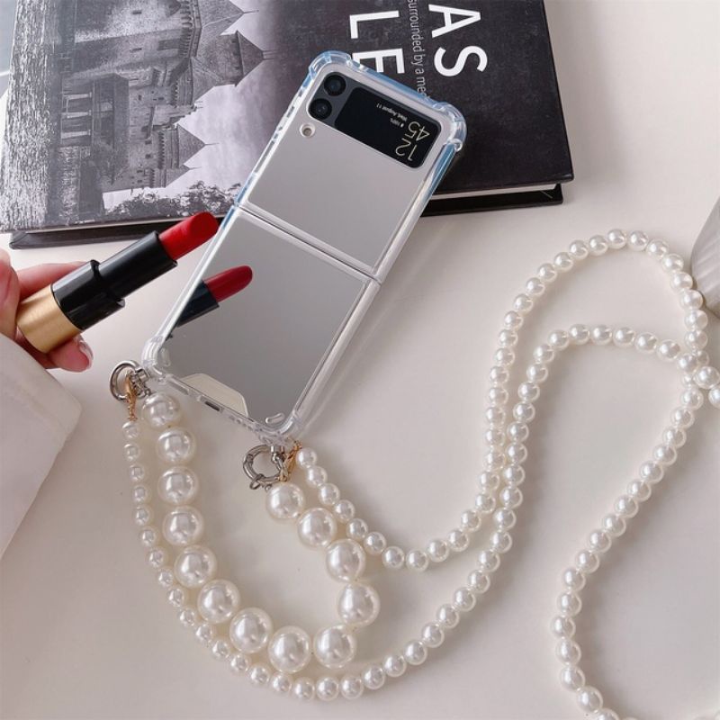 Ốp Samsung Galaxy Z Flip5 - Z Flip 4 - ZFlip3 - Flip4 5G tráng gương kèm combo 2 dây ngọc đơn giản sang trọn