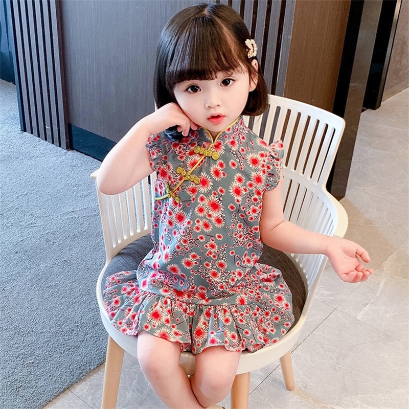 Đầm Sườn Xám Không Tay In Họa Tiết Hoa Thời Trang Mùa Hè Cho Bé Gái