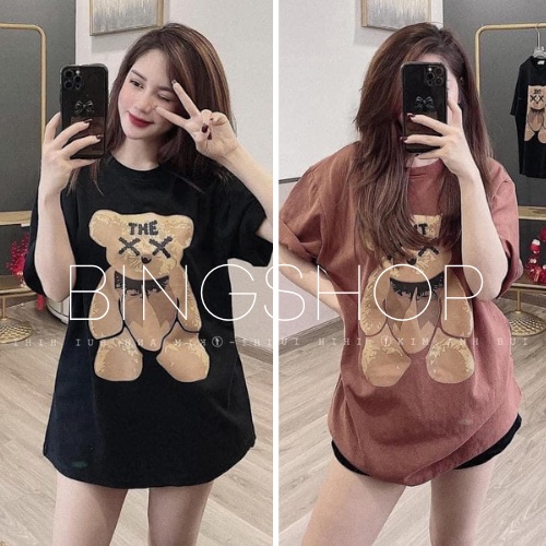 Áo thun tay lỡ unisex form rộng 3158 - áo thun nam nữ Bingshop 3 màu in gấu