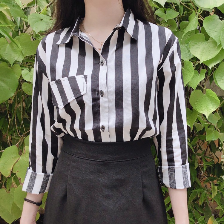 ÁO SƠ MI SỌC TRẮNG ĐEN FREE SIZE