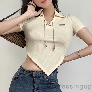 DRE-Women Cropped Tops, Short Sleeve Irregular Hem Casual Summer Short Shirt