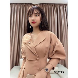 [ xả kho ] MiD Đầm nâu cổ V tay bồng lỡ đính hoa V1236 kèm ảnh thật