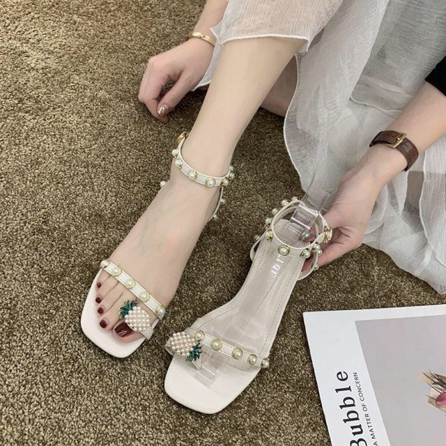 [Bán sie rẻ+ Freeship] Giày sandal nữ học sinh gót vuông 3p quai mảnh đính ngọc xỏ ngón Dứa đá hot dã man