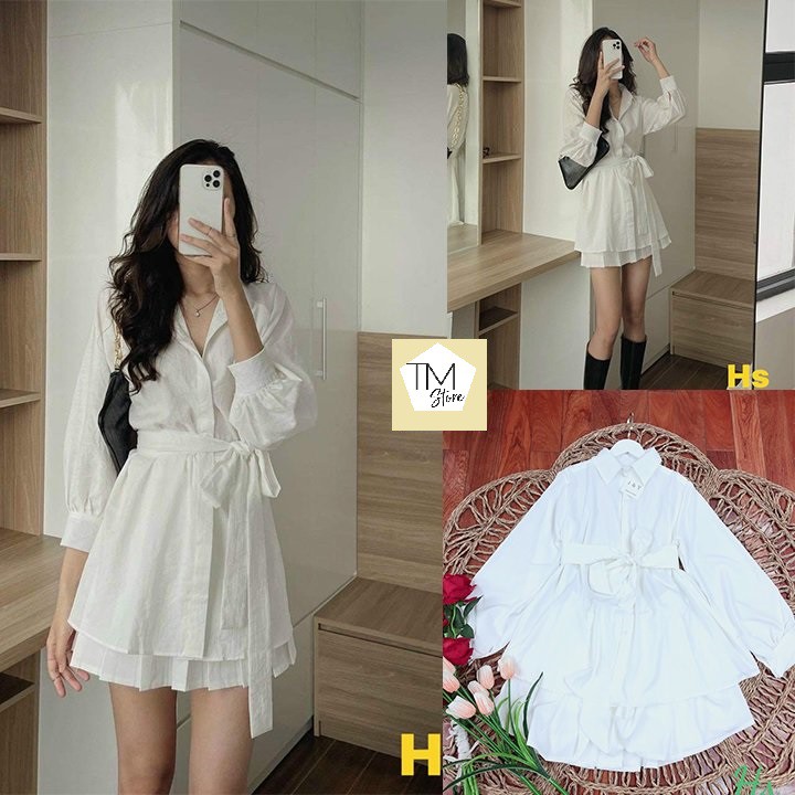 Set váy nữ chân váy - quần đùi, áo sơ mi kèm đai buộc, bộ đồ nữ hack dáng, tạo eo thon gọn vải đũi mát