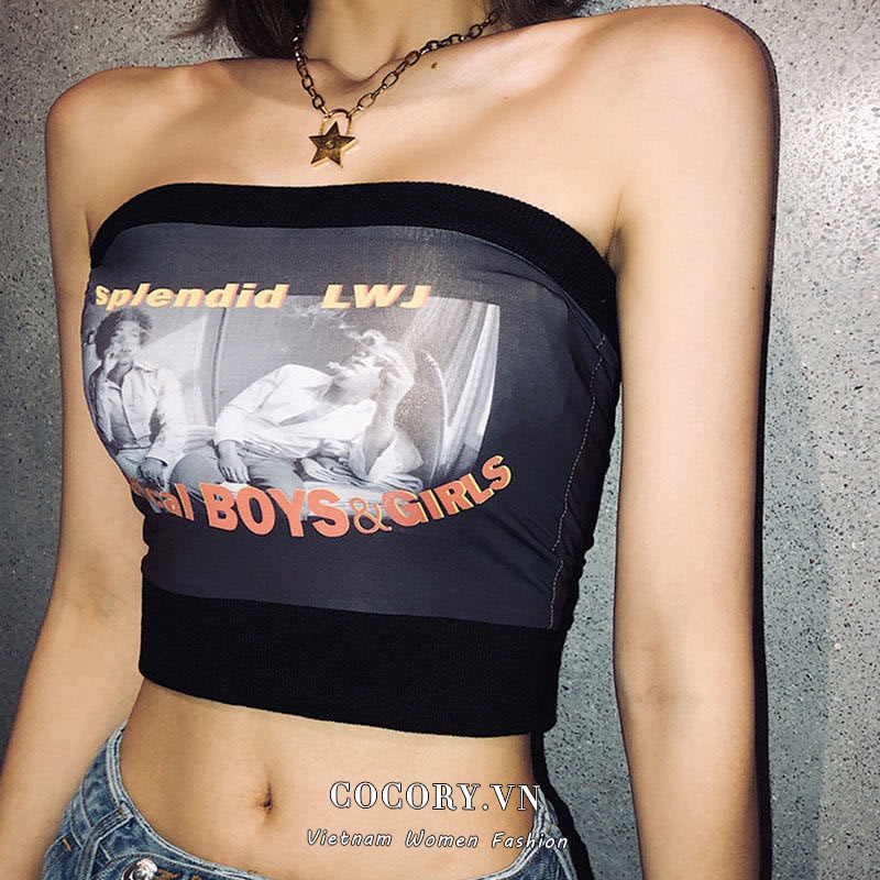 Cocory vn Áo Quây Ngực Không Dây In Họa Tiết Phong Cách Vintage Thời Trang Quyến Rũ