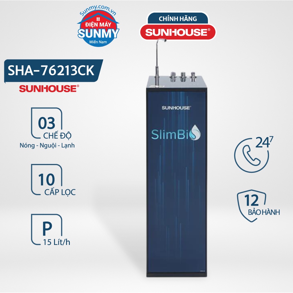 Máy Lọc Nước RO Sunhouse SHA76213CK Slimbi 10 Lõi 3 Chế Độ Nóng Nguội Lạnh