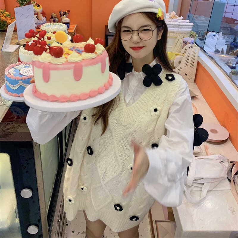 Áo khoác vest dệt kim cổ chữ V thêu hoa thời trang Nhật Bản dễ thương | BigBuy360 - bigbuy360.vn