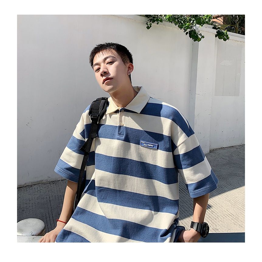 Áo polo Tay Ngắn Dáng Rộng Họa Tiết Kẻ Sọc Thời Trang Mùa Hè Phong Cách Hồng Kông Cho Nam