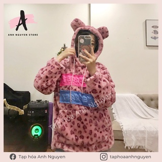 Áo hoodie lông thỏ cao cấp hình da báo hồng cho nữ siêu hot mốt năm nay